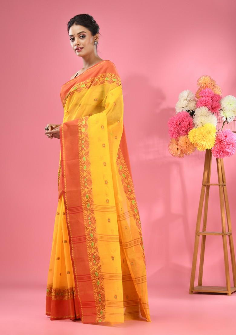 Bright Yellow Woven Work Cotton Saree Set - Indya