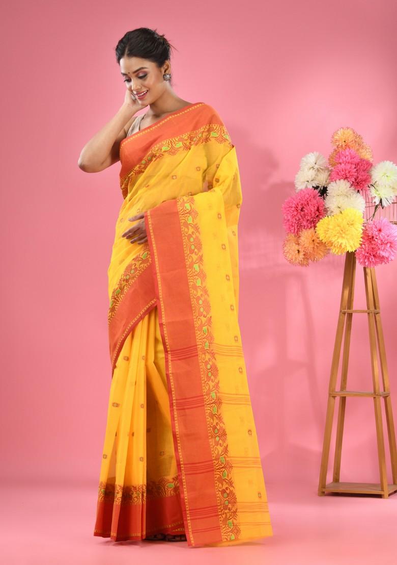 Bright Yellow Woven Work Cotton Saree Set