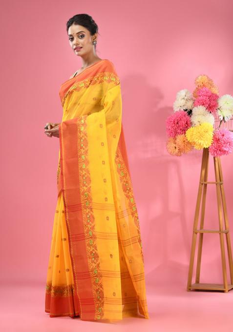 Bright Yellow Woven Work Cotton Saree Set