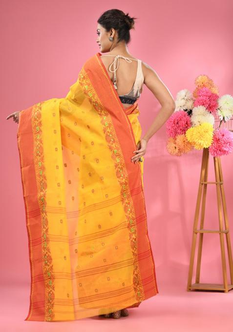 Bright Yellow Woven Work Cotton Saree Set