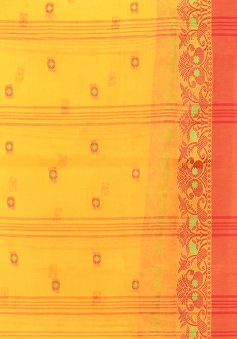 Bright Yellow Woven Work Cotton Saree Set