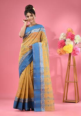 Light Beige Woven Work Cotton Saree Set