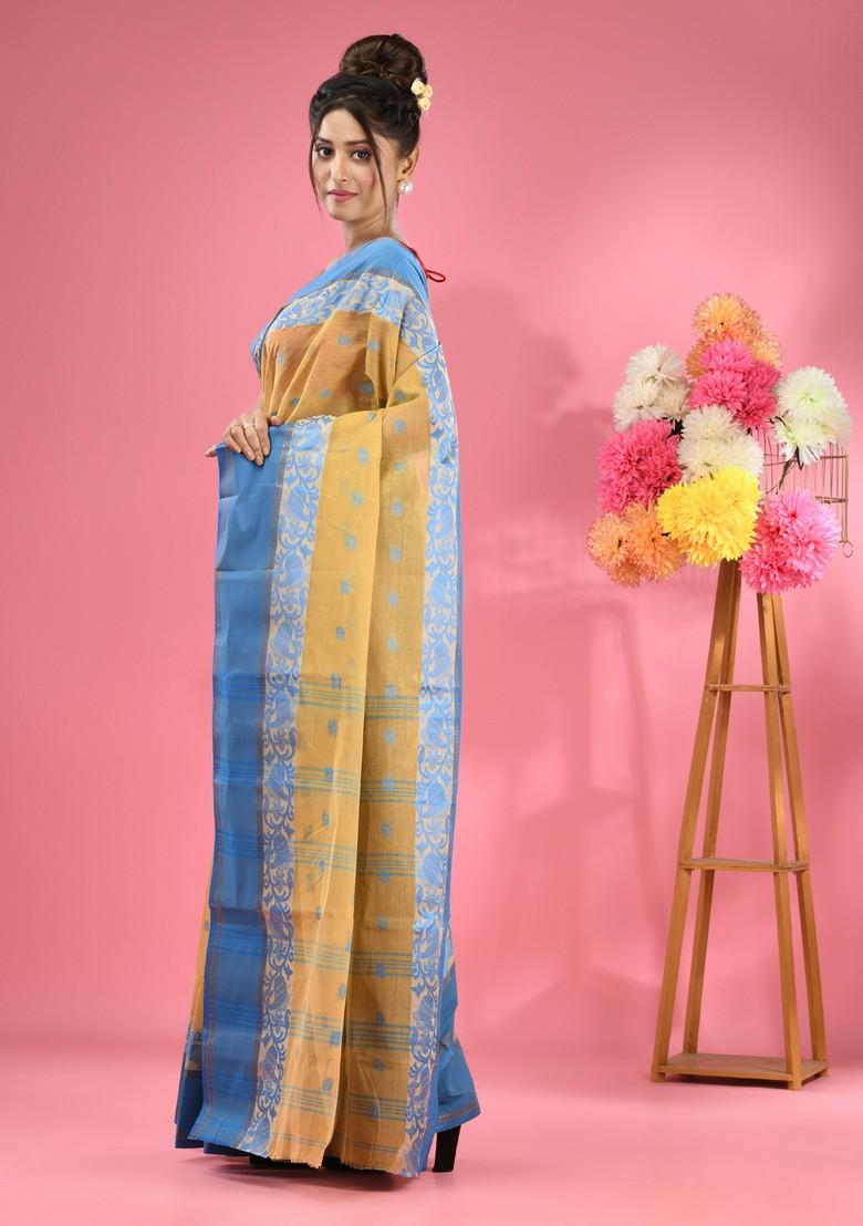 Light Beige Woven Work Cotton Saree Set