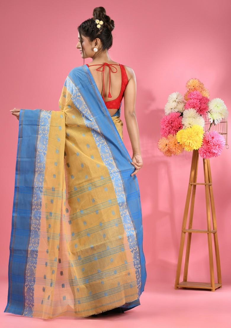 Light Beige Woven Work Cotton Saree Set