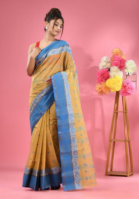 Light Beige Woven Work Cotton Saree Set
