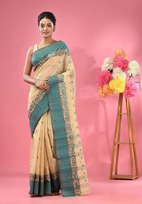 Beige Woven Work Cotton Saree Set