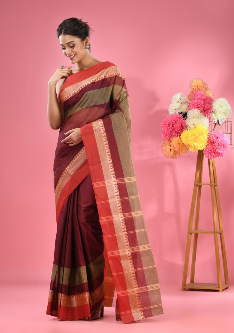 Maroon Pure Cotton Saree Set