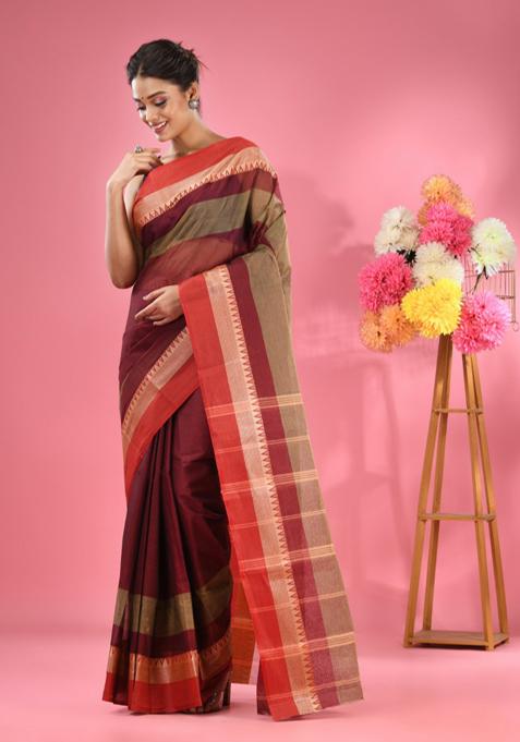 Maroon Pure Cotton Saree Set