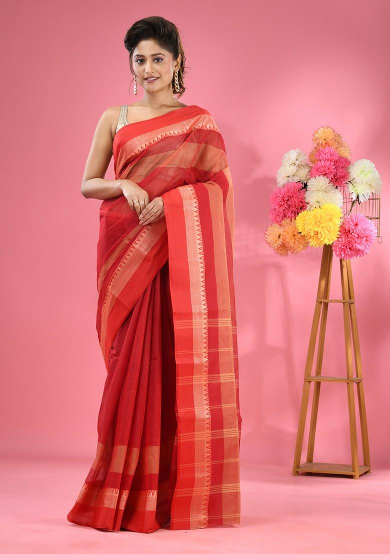 Red Pure Cotton Saree Set