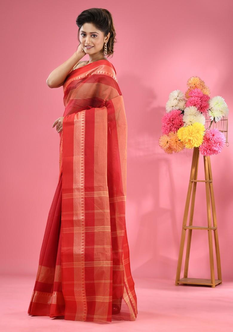 Red Pure Cotton Saree Set