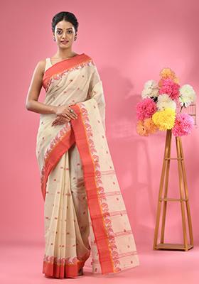 White Woven Work Pure Cotton Saree Set
