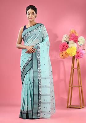 Ocean Green Woven Design Pure Cotton Saree Set