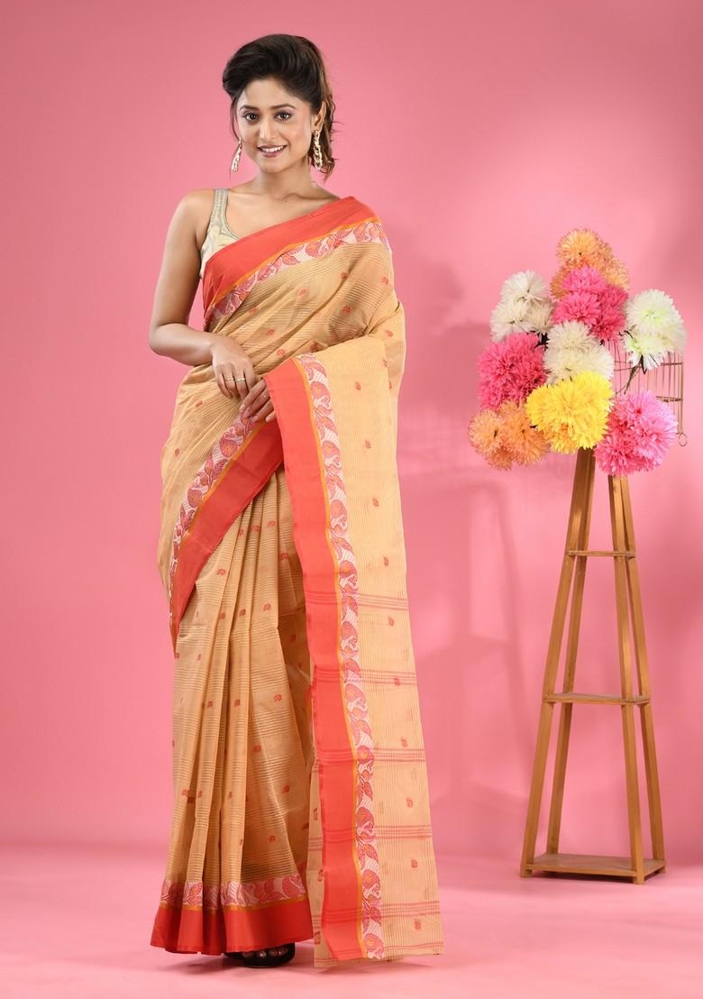 Beige Woven Design Pure Cotton Saree Set