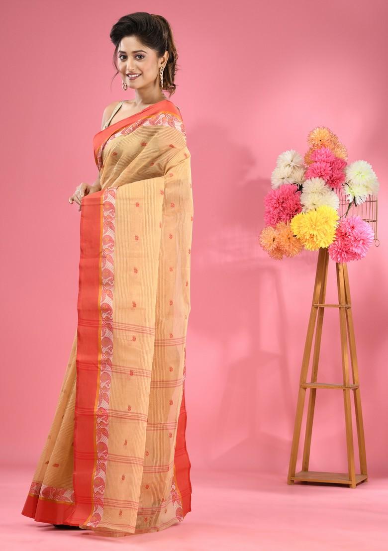 Beige Woven Design Pure Cotton Saree Set - Indya