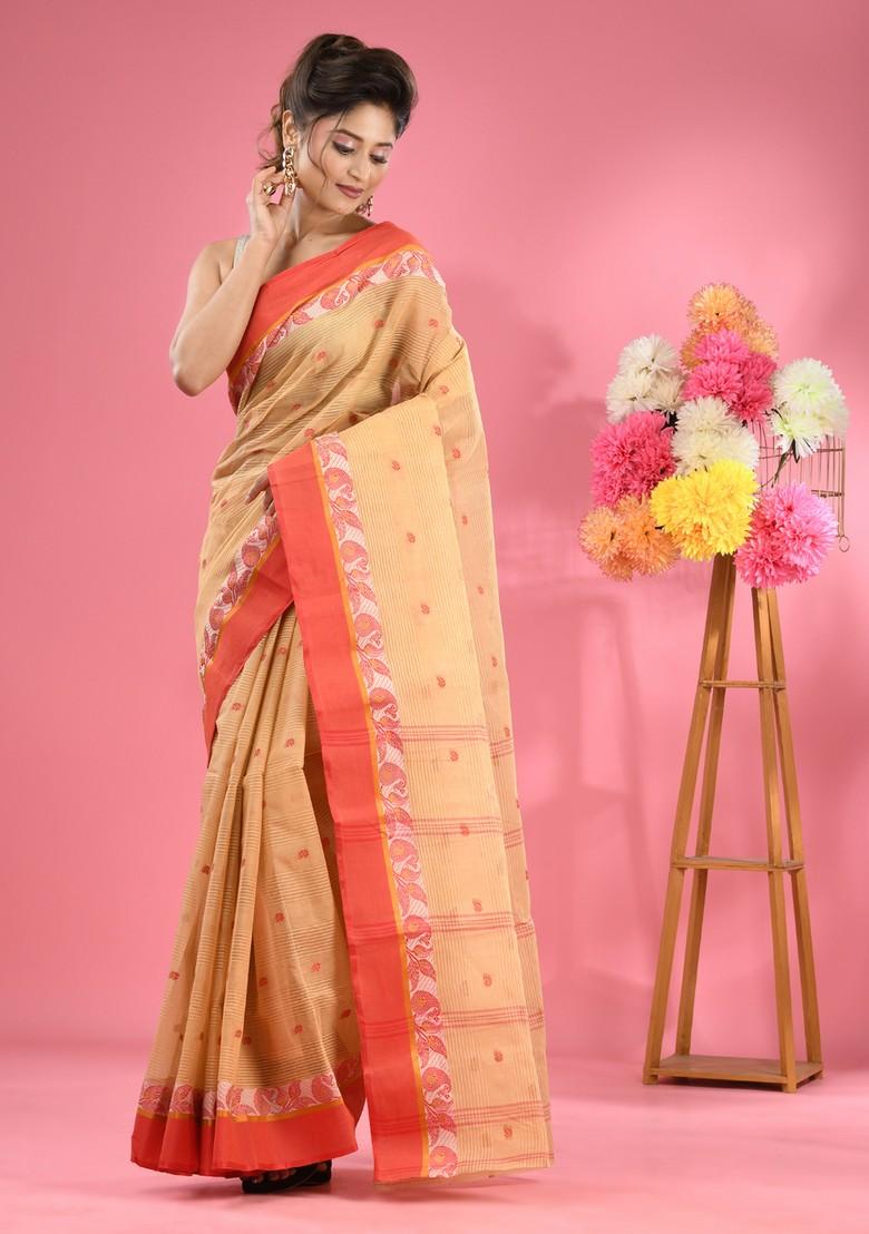 Beige Woven Design Pure Cotton Saree Set