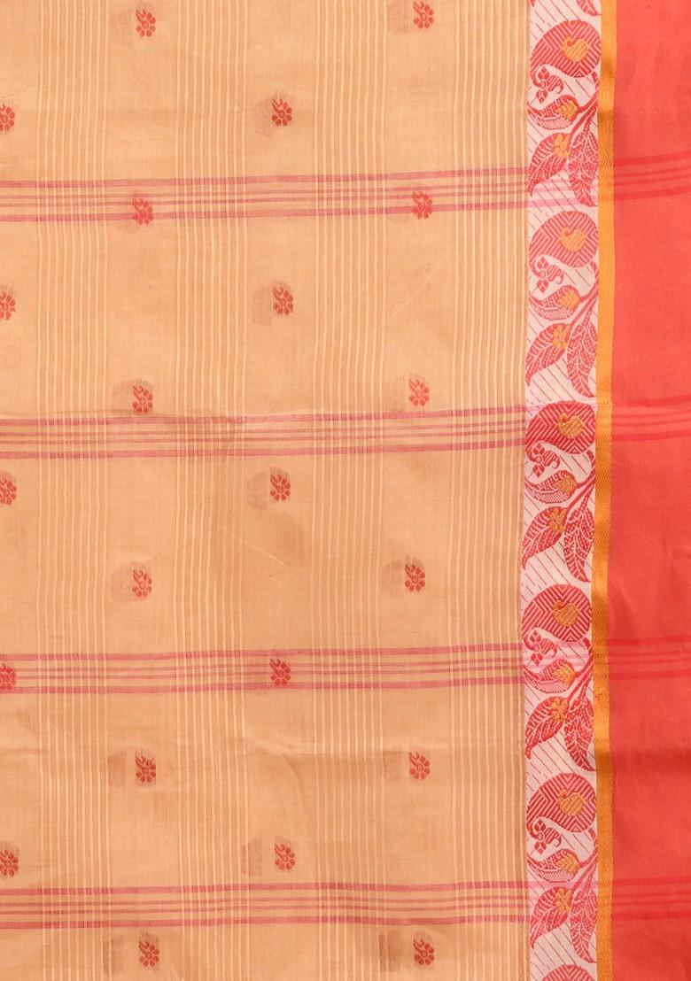 Beige Woven Design Pure Cotton Saree Set