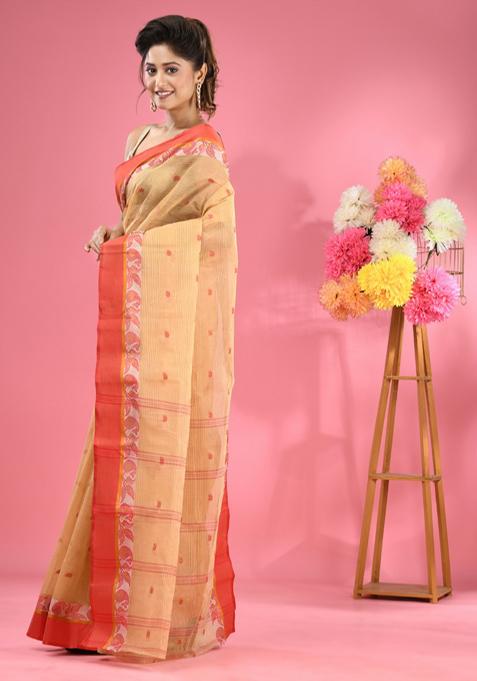 Beige Woven Design Pure Cotton Saree Set