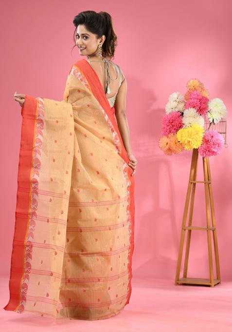 Beige Woven Design Pure Cotton Saree Set