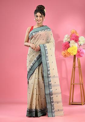 Ecru Woven Design Pure Cotton Saree Set