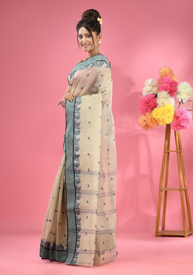 Ecru Woven Design Pure Cotton Saree Set - Indya