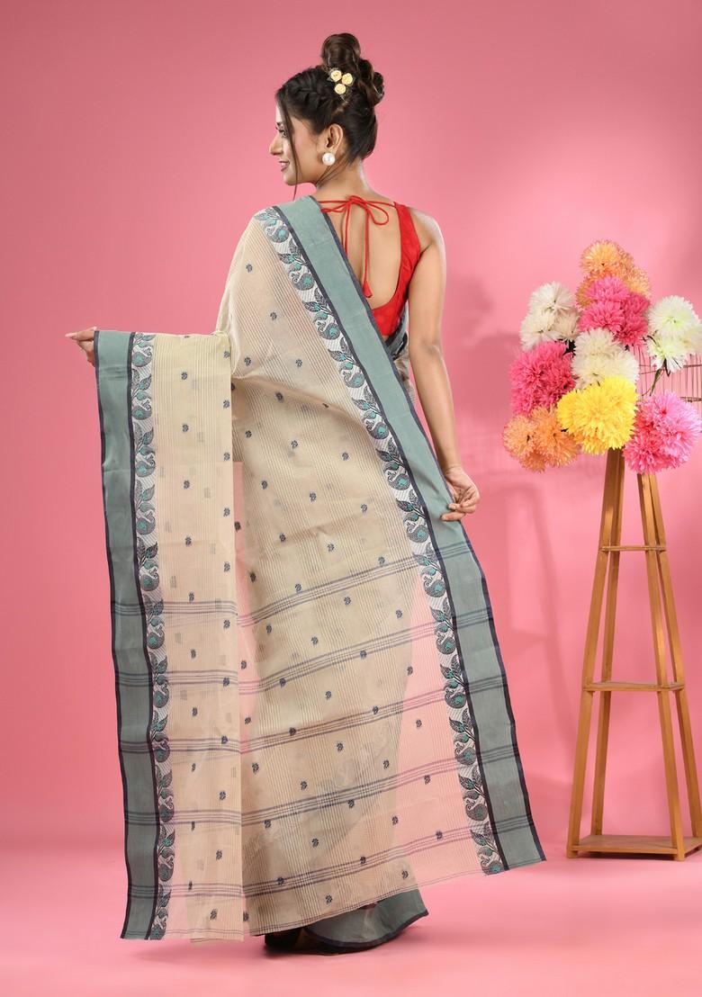 Ecru Woven Design Pure Cotton Saree Set - Indya
