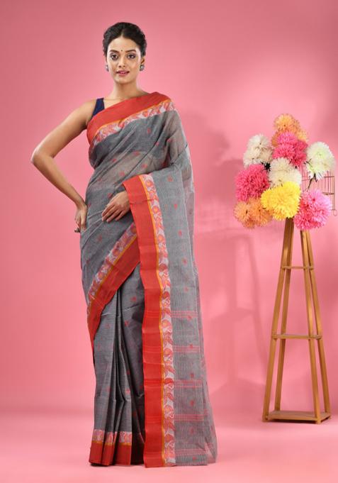 Grey Woven Design Pure Cotton Saree Set