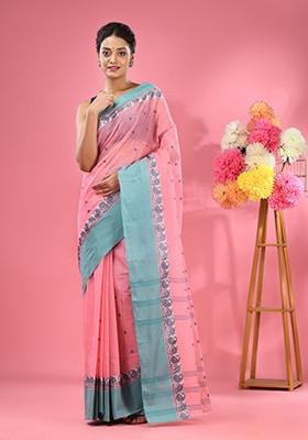 Salmon Pink Woven Design Pure Cotton Saree Set