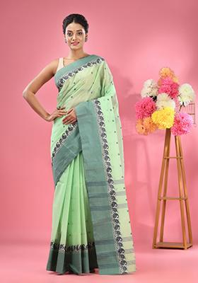 Lime Green Woven Design Pure Cotton Saree Set