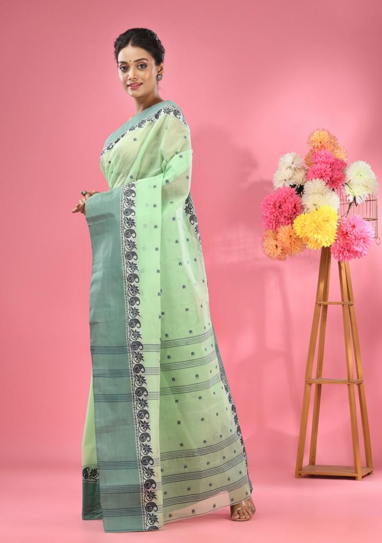 Lime Green Woven Design Pure Cotton Saree Set