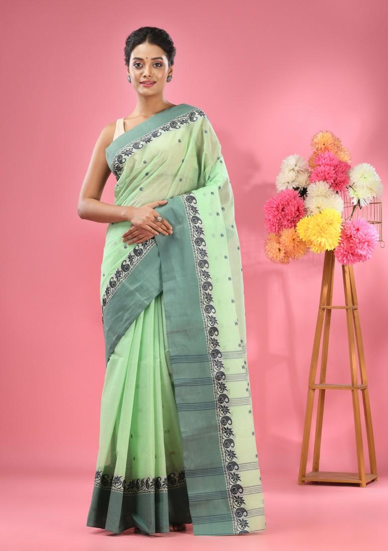 Lime Green Woven Design Pure Cotton Saree Set