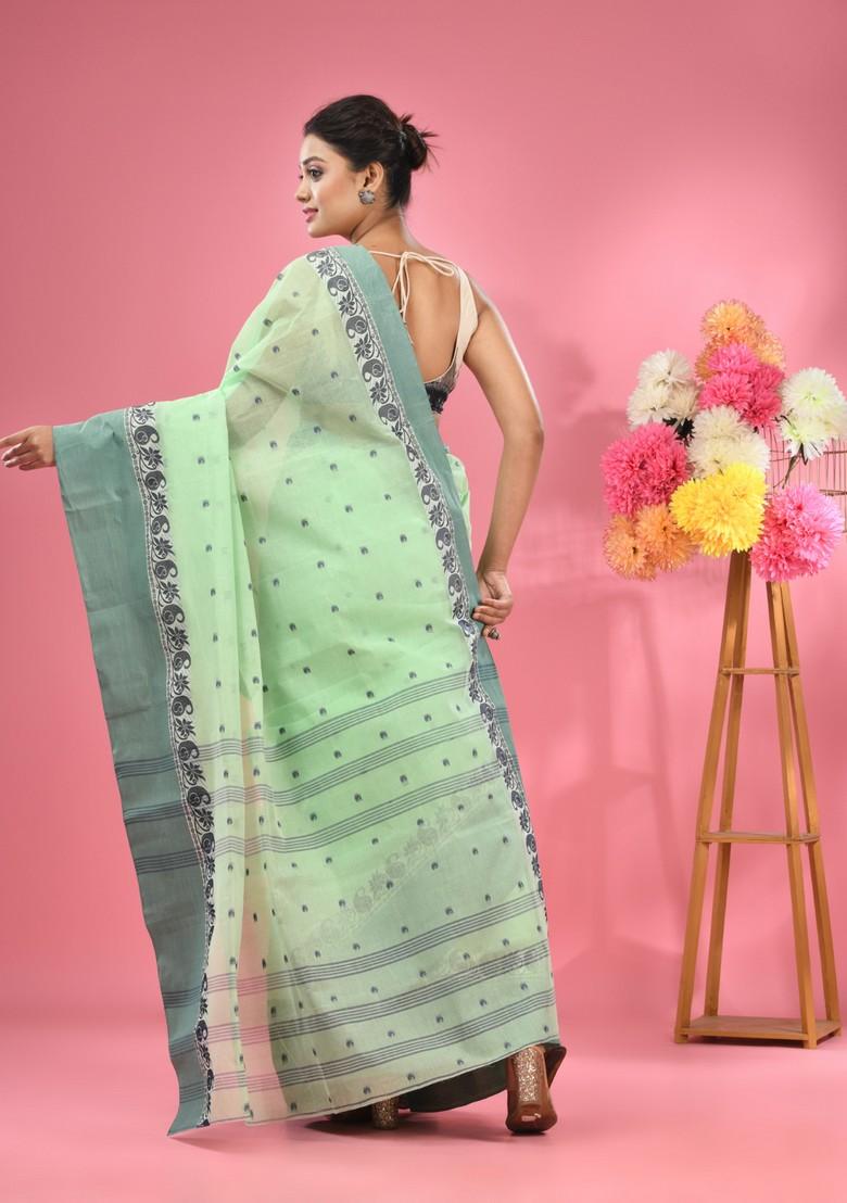 Lime Green Woven Design Pure Cotton Saree Set