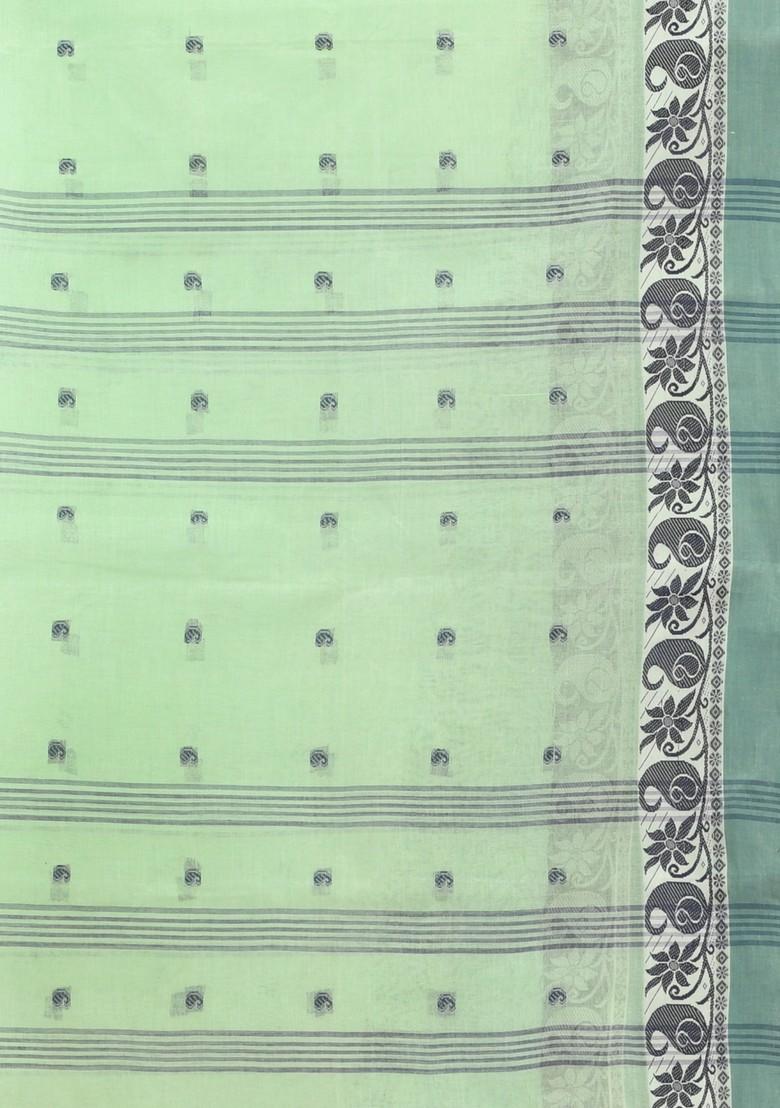 Lime Green Woven Design Pure Cotton Saree Set