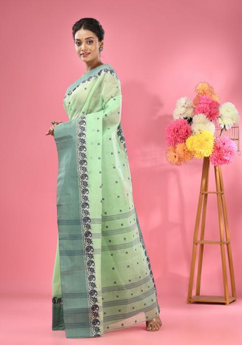 Lime Green Woven Design Pure Cotton Saree Set