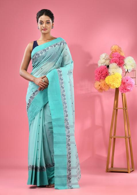 Sea Green Woven Design Pure Cotton Saree Set