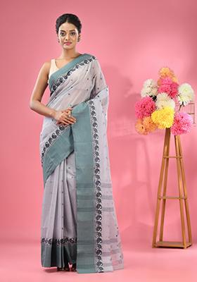 Light Grey Woven Design Pure Cotton Saree Set