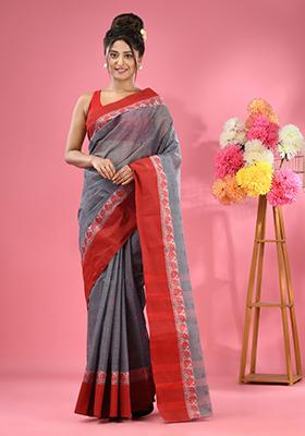 Dark Grey Woven Design Pure Cotton Saree Set