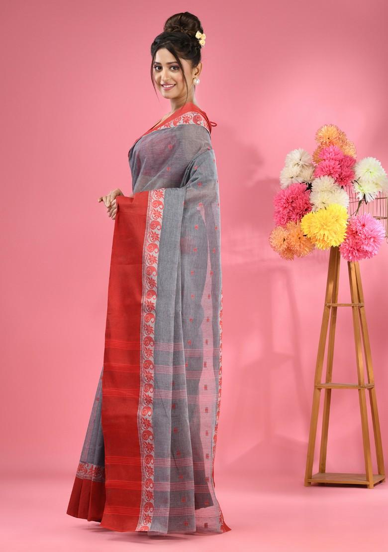 Dark Grey Woven Design Pure Cotton Saree Set - Indya