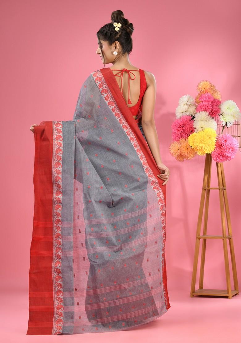 Dark Grey Woven Design Pure Cotton Saree Set - Indya