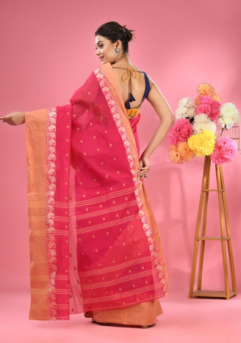 Hot Pink Woven Design Pure Cotton Saree Set - Indya