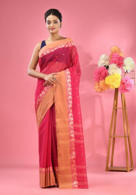 Hot Pink Woven Design Pure Cotton Saree Set