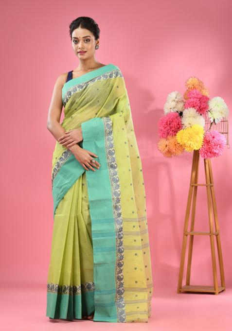 Lime Yellow Woven Design Pure Cotton Saree Set