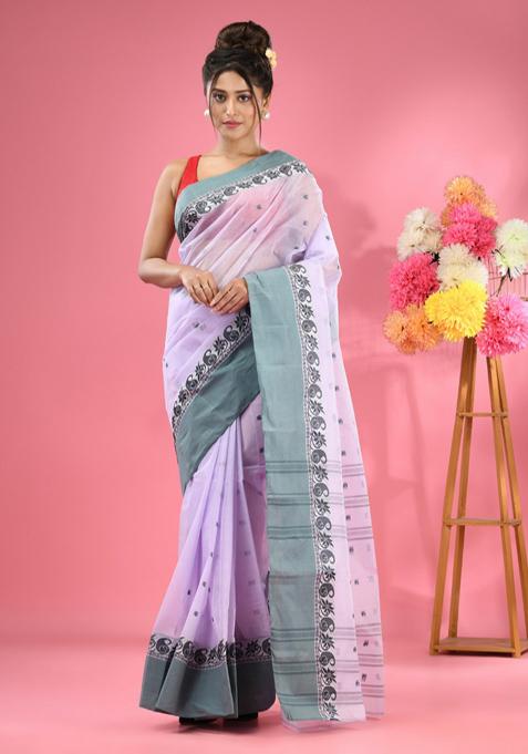 Violet Woven Design Pure Cotton Saree Set