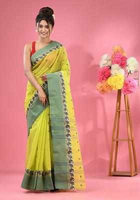 Lime Green Woven Design Pure Cotton Saree Set
