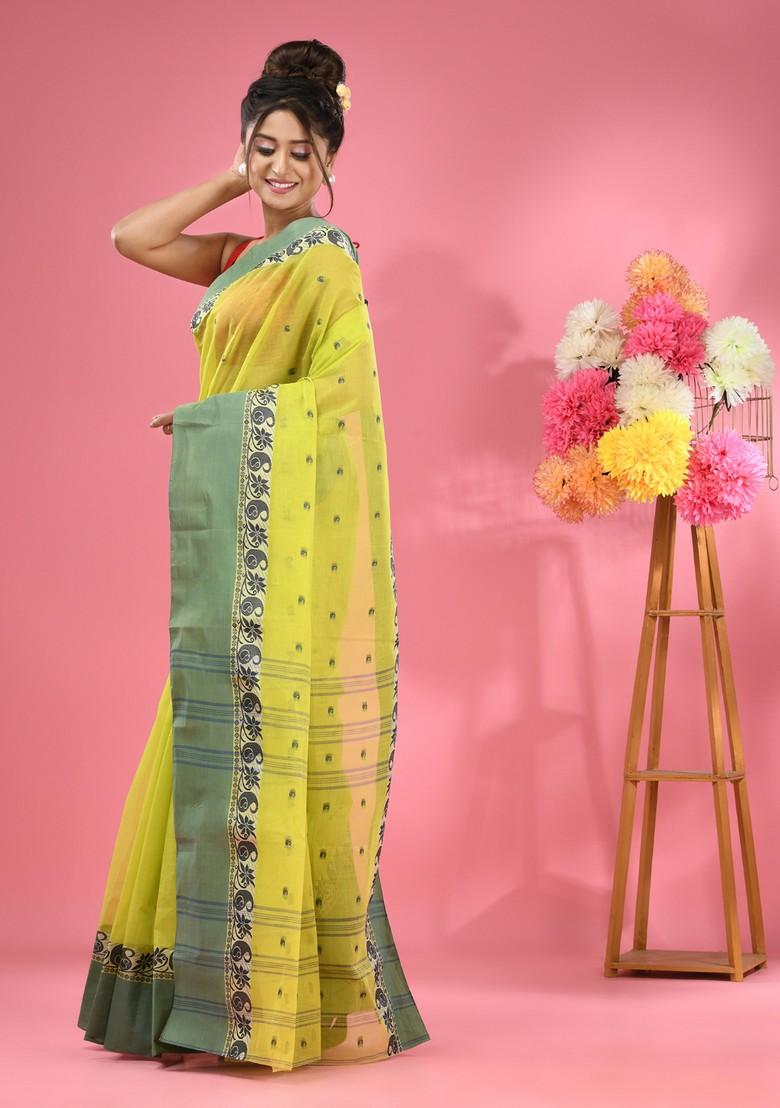 Lime Green Woven Design Pure Cotton Saree Set