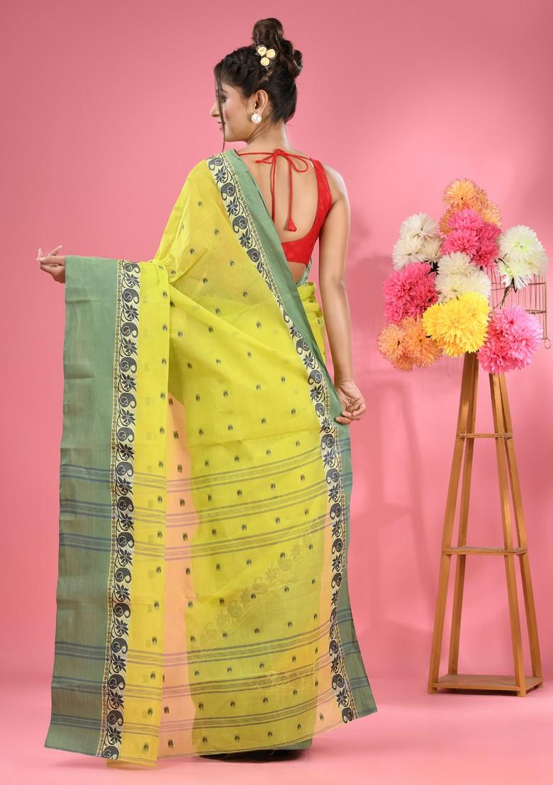 Lime Green Woven Design Pure Cotton Saree Set