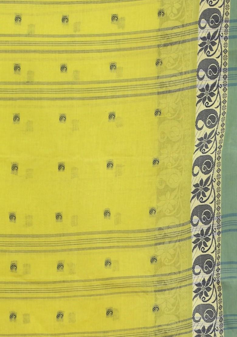 Lime Green Woven Design Pure Cotton Saree Set