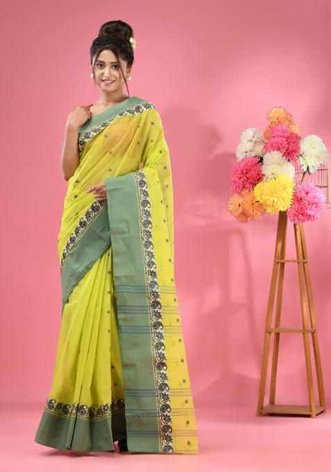 Lime Green Woven Design Pure Cotton Saree Set