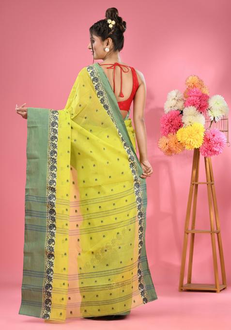 Lime Green Woven Design Pure Cotton Saree Set
