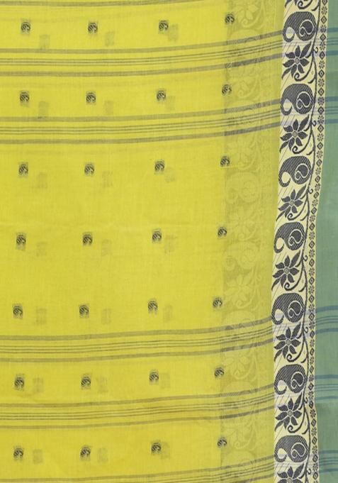 Lime Green Woven Design Pure Cotton Saree Set