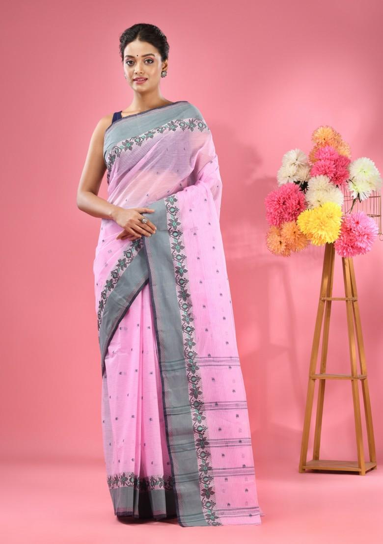 Bubblegum Pink Woven Design Pure Cotton Saree Set - Indya